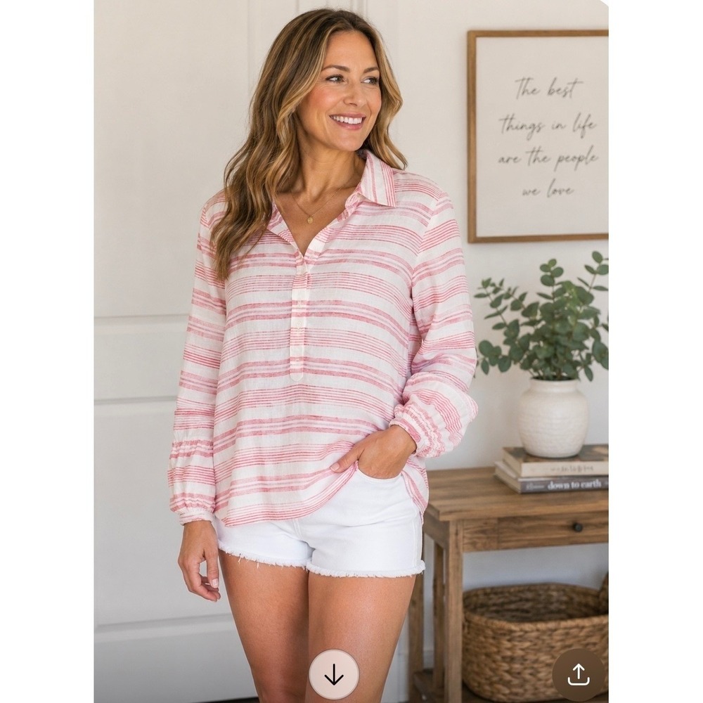 Vineyard Vines Womens Size 14 Pink Stripe Linen Cotton Popover Tunic Shirt